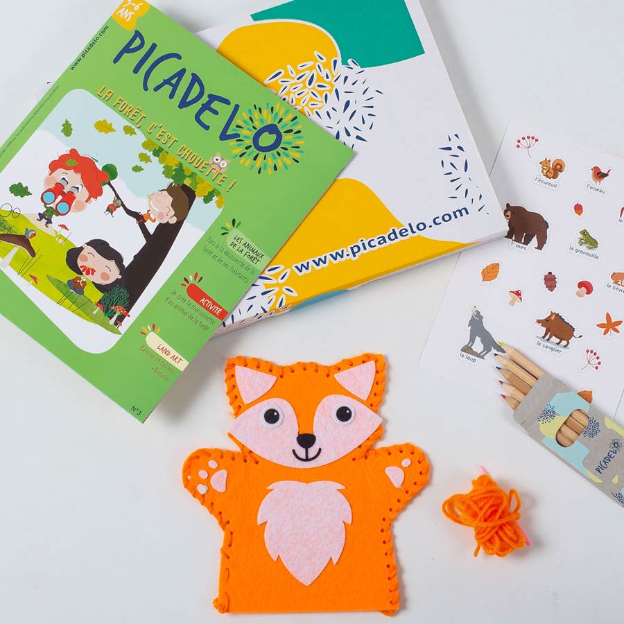 Box animaux forêt pour enfant - magazine, activités ludiques et créatives, marionnette en feutrine à créer - crayons de coloriage - autocollants - expérience